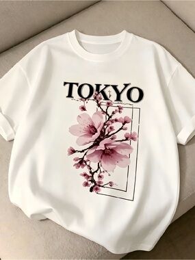Cherry blossom print white Women Men T-shirt Unisex